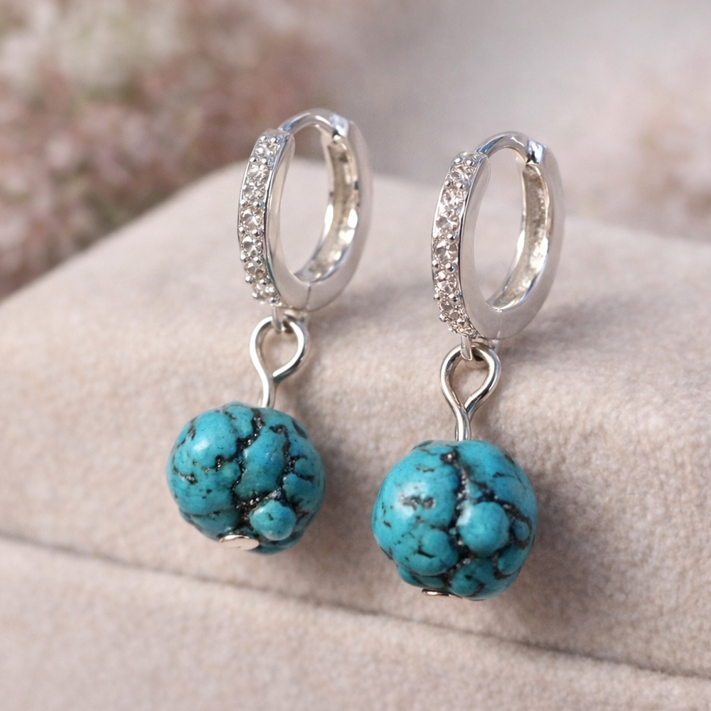 Mini Brains! Old Stock 925 Turquoise Nugget Drop Hoop Huggie Dangle Earrings